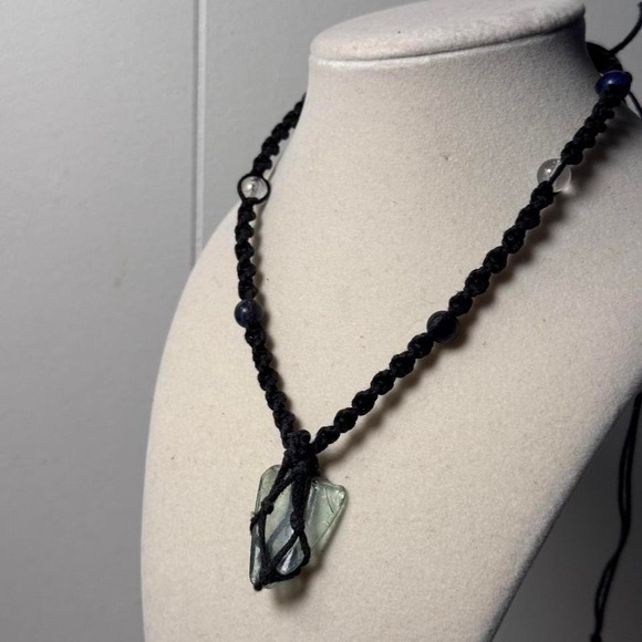 Handmade Macrame Sea Glass Necklace Black Cord Lapis Lazuli Quartz Boho Pendant - Picture 4 of 8